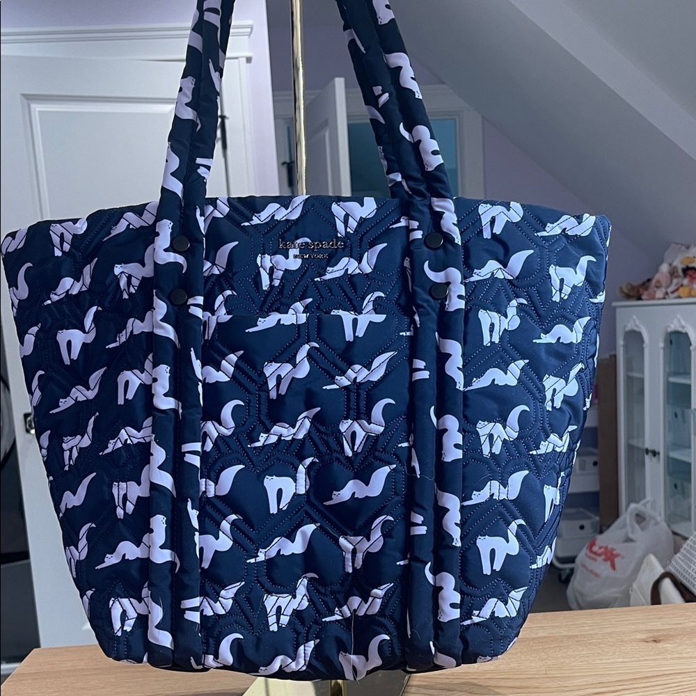 Kate Spade Navy Quilted Tote Bag with Cat Print NWT